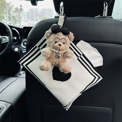 Car chair back sun visor car tissue box pumping creative cute cartoon hanging paper box car supplies (Car tissue box/set) - black-bow-bear-love-paper-bag