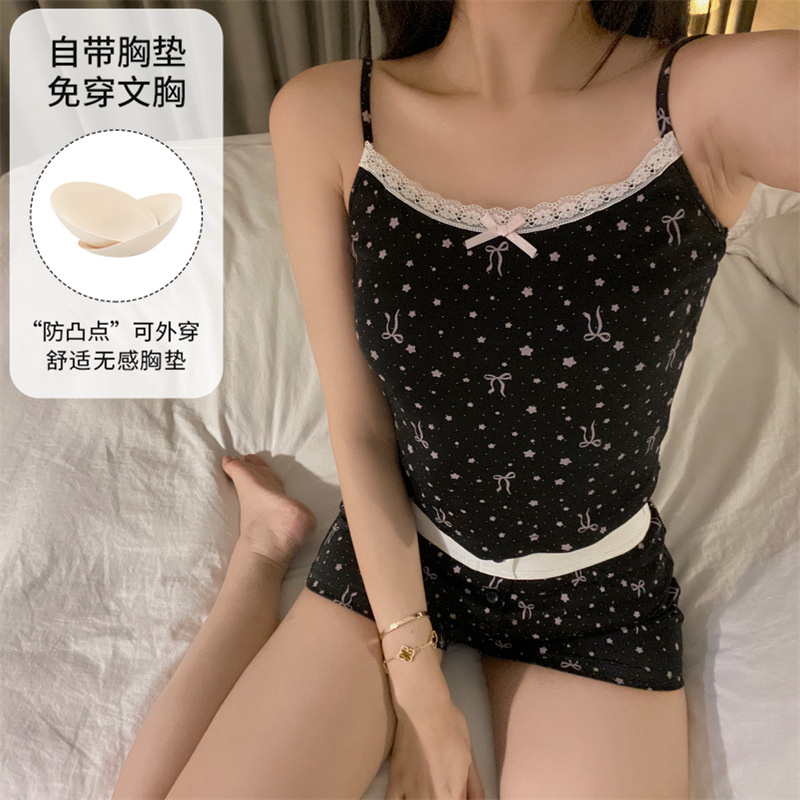 Women's Summer Ribbed Tight-Fitting Suspender Shorts Set with Breast Pads, Slim-Fitting Girl's Cross-Border Pure Lust Sexy Home Wear