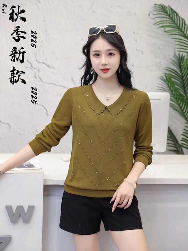 一件代发2025秋季新款时尚娃娃领宽松气质长袖烫钻减龄妈妈装上衣|undefined