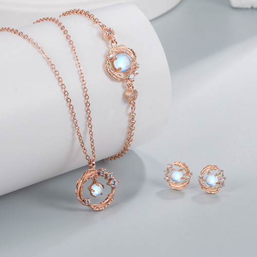 Moonlight Stone Feather You Accompany Necklace Earrings Bracelet Set Women's Ins Style Feather Earrings High-end Romantic Bracelet