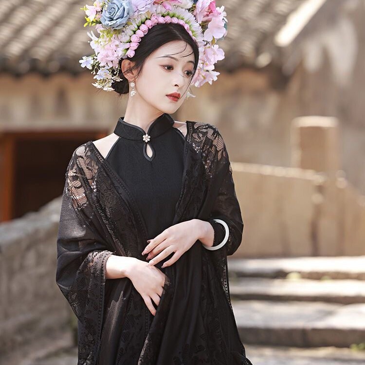Black Shawl Paired with a Qipao, New Chinese-Style Lace Hollow-Out Fringe Cape, High-End Outerwear Cardigan, Cape, and Cover-Up Black Shawl Paired with a Qipao, New Chinese-Style Lace Hollow-Out Fringe Cape, High-End Outerwear Cardigan, Cape, and Cover-Up