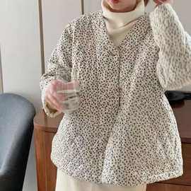 秋冬季新款碎轻便领蓝色小花薄款棉服短款女潮棉衣外套