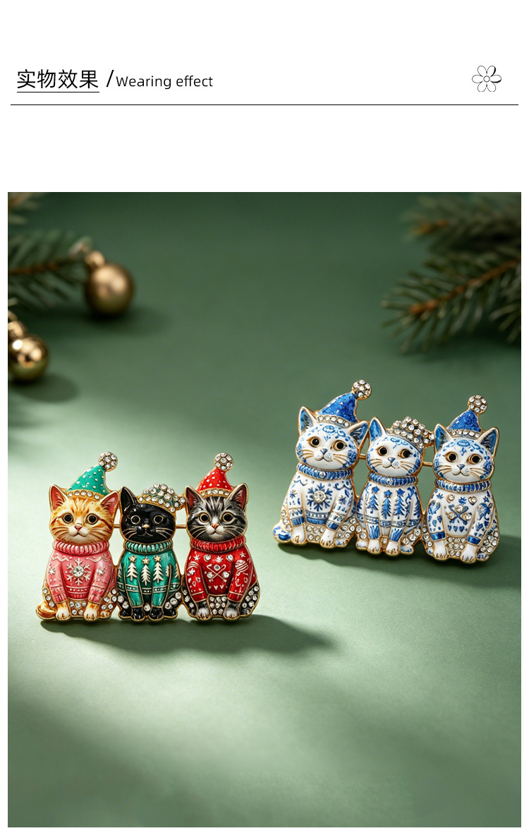 Christmas sweater kitten brooch, alloy enamel with rhinestones, cat and calico cat design, suit pin, holiday accessory