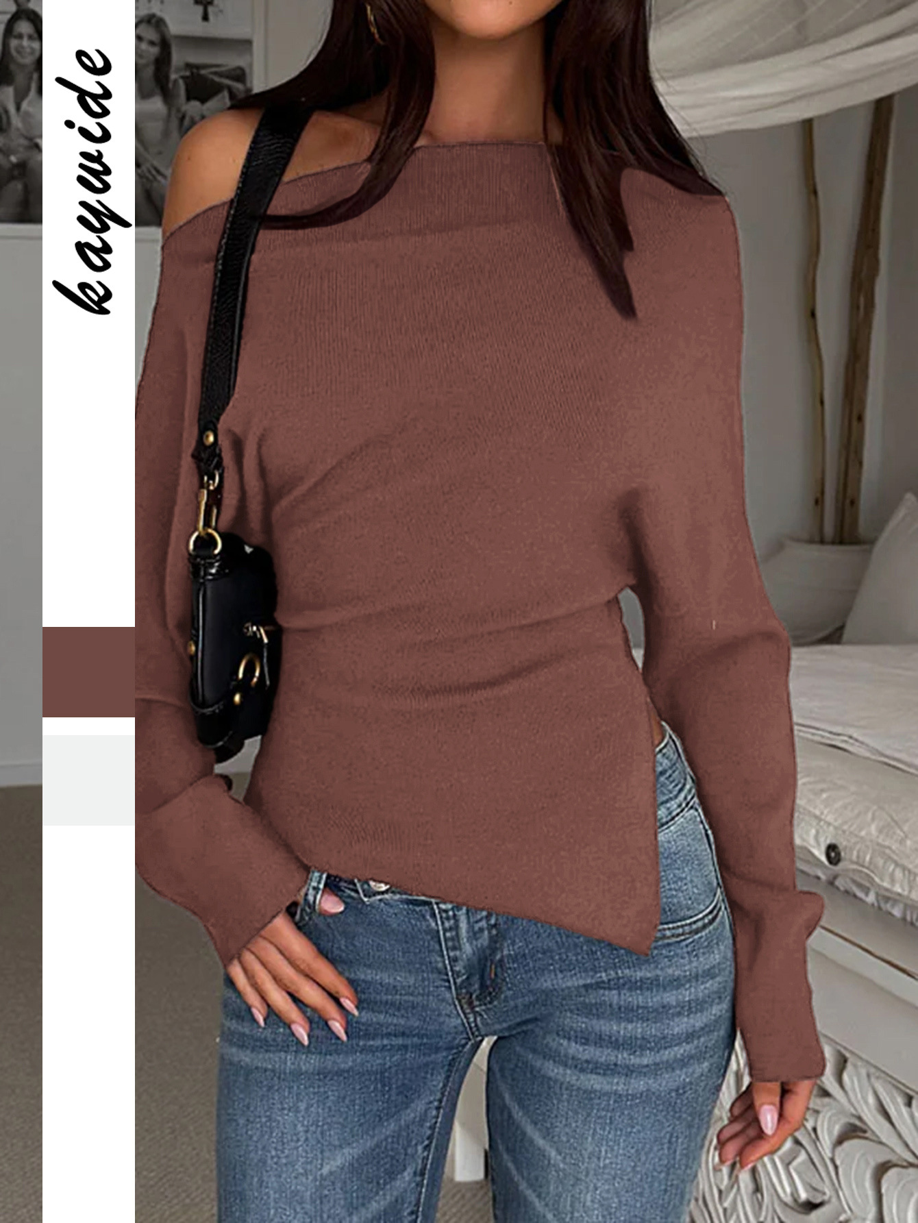 Kaikuo transfronterizo Europa y América de un cuello elegante temperamento suéter superior ropa de mujer otoño e invierno 2025 estación independiente