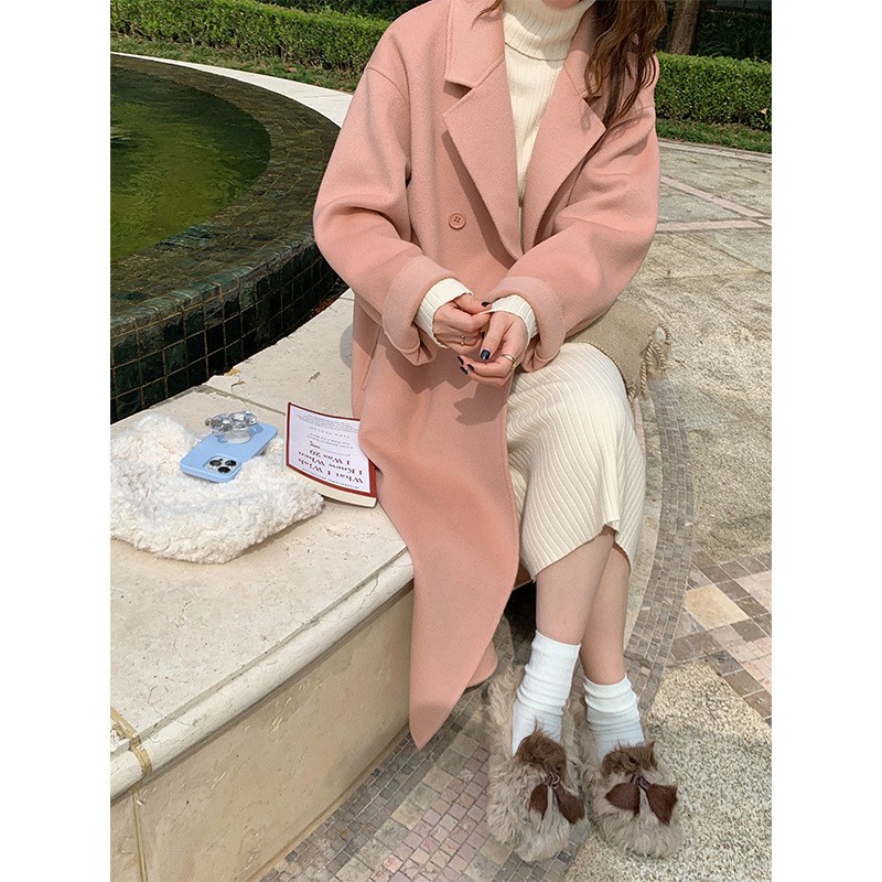 2023 Autumn and Winter New Pink Double-Sided Cashmere Coat for Petit Sweet-Wind Sheep Wool Mid-Length Woolen Coat