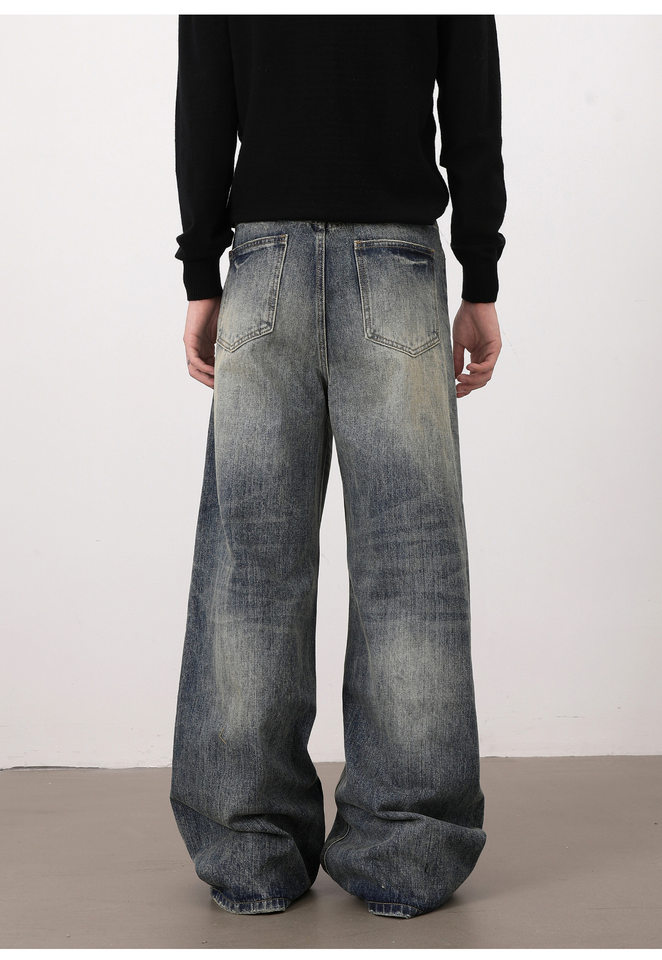 Quần jeans nam dáng chữ A ống rộng phong cách retro, râu mèo nổi, lưng vừa, dài ống suông — Màu xanh dương chi tiết 8