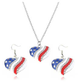 创意美国星条旗五角星爱心造型镶钻耳环项链套装简约个性合金配饰