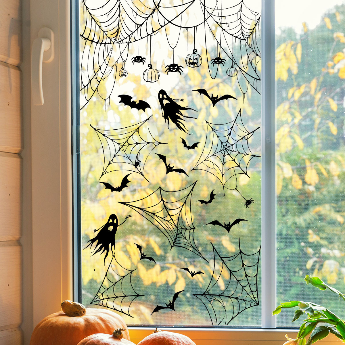 Halloween Bat And Spider Web Window Wall Sticker Removable_voghion.com
