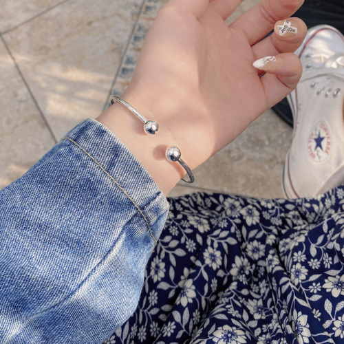 Korean minimalist versatile all-over 925 pure silver round bead must-answer bracelet INS minimal versatile double ball bracelet for women