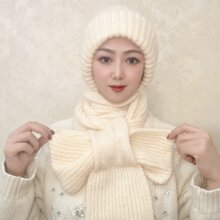 帽子女冬季松鼠绒帽子围巾一体可扣风雪帽加绒针织帽护耳毛线帽子