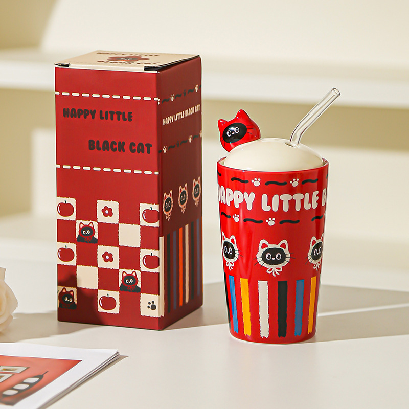 Caricatura gatito taza de paja hermosa taza de alto valor facial taza de agua taza de gran capacidad con cubierta de regalo