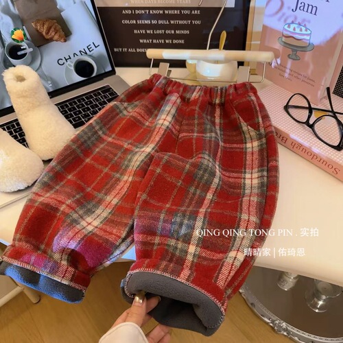 2025 New Trendy Fashion Children's Fleece Pants, Versatile Straight Leg Pants, Fleece Lined and Thickened, Korean Style, Casual and Versatile