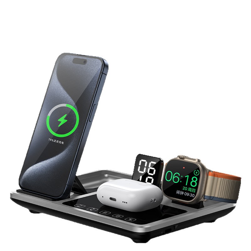 Pantalla táctil completa, elevación automática, soporte para teléfono móvil, cargador multifunción, auricular, reloj, reloj, luz nocturna, cargador inalámbrico