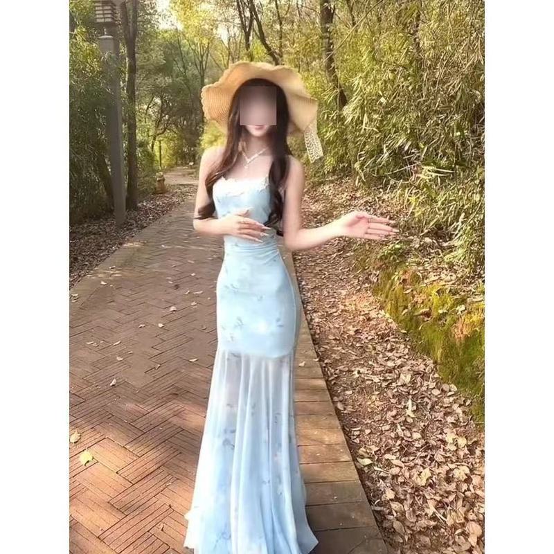 蕾丝网纱拼接吊带连衣裙女夏季度假收腰鱼尾长裙辣妹修身包臀裙子|undefined
