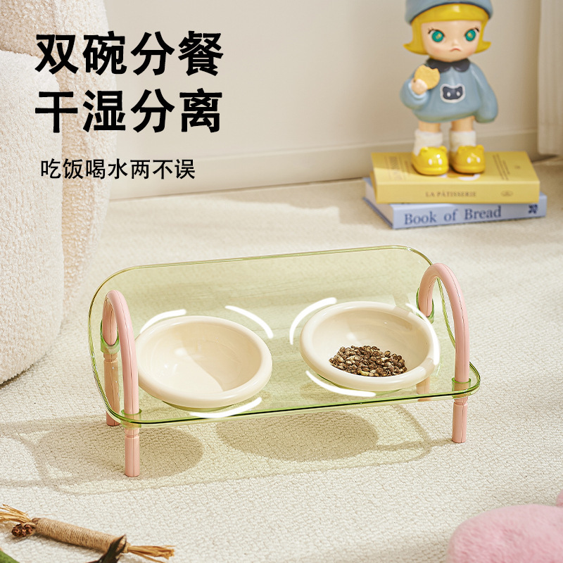 宠物双碗架猫咪碗防打翻狗盆喂食饮水碗高脚护颈宠物用品塑料猫碗|undefined