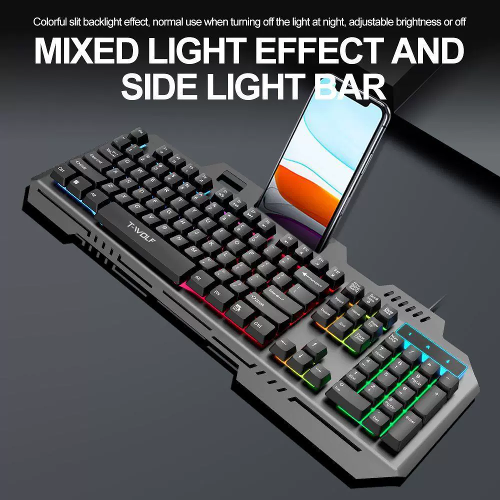 Glowing keyboard, phone holder, mute laptop