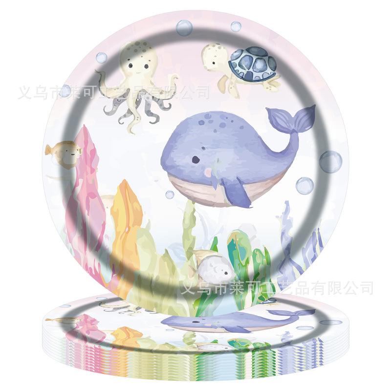 新しい水彩クジラ海中動物テーマパーティー食器ティッシュペーパーカップ紙皿パーティー使い捨て食器|undefined