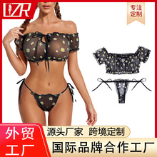 欧美跨境专供半透蕾丝性感情趣诱惑套装绑带抹胸 透视内衣套装