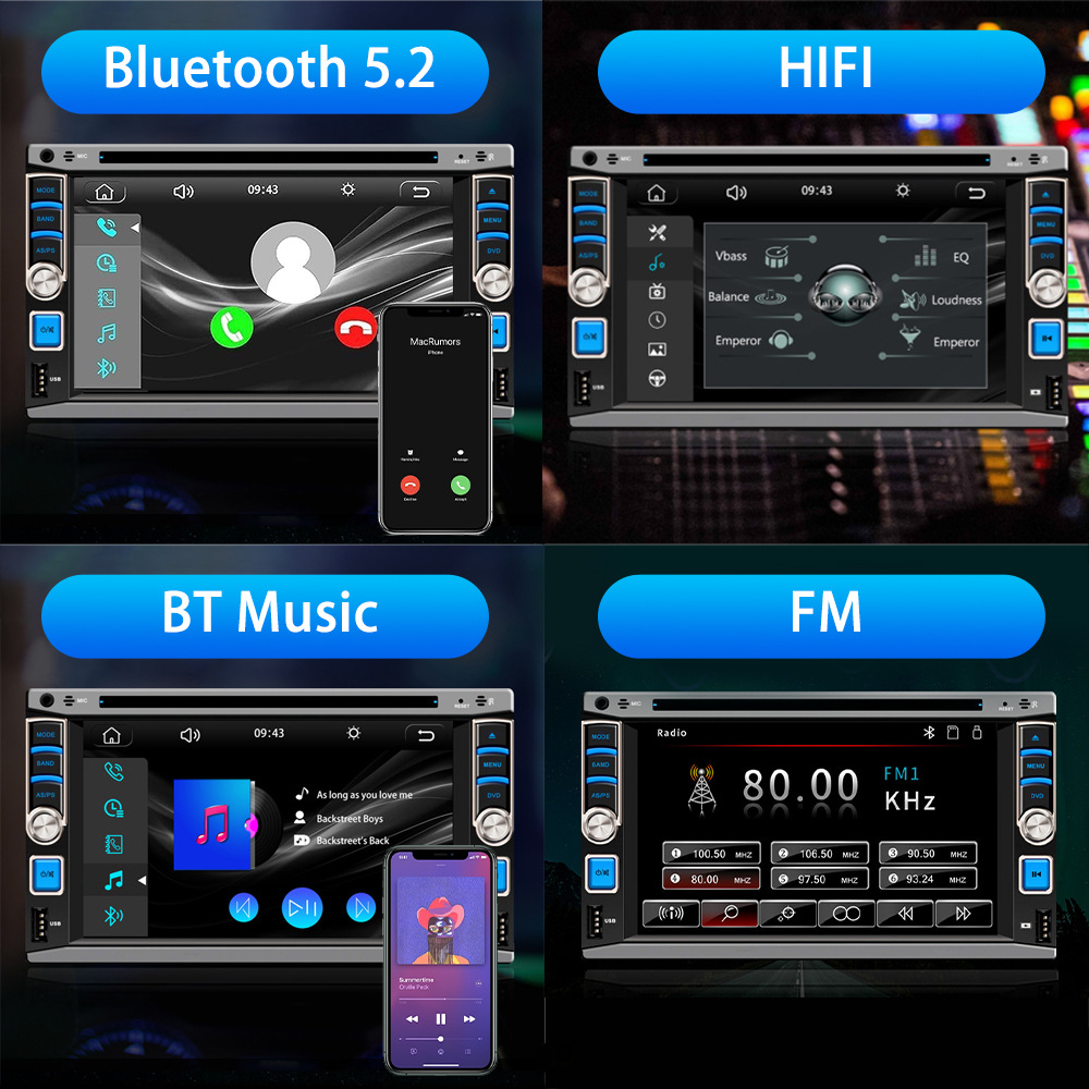 6.2inch Car Dvd Cd Dual-Master Player Wired Carplay Mobile Phone Screen Projection Bluetooth Fm Radio 12V