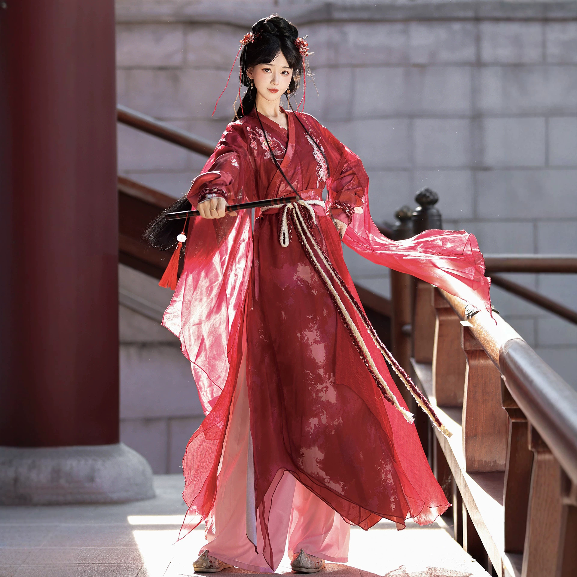 原创汉服女小东邪古装宋制红色长衫齐腰襦裙改良武侠风仙气飘逸秋