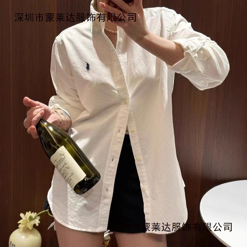 Cross-Border New Product, Classic Style Ralph Lauren Oxford Cloth Long-Sleeve Linen Shirt with Embroidered Pony Logo for Women, Available for Scanning Qr Code