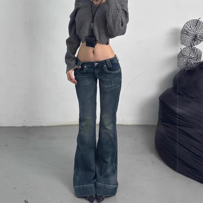 American-Style Spicy Low-Waist Skinny Denim Flared Pants for Women, Spring and Autumn, Petite, Vintage Washed, Horse Hoof Floor-Length Trousers
