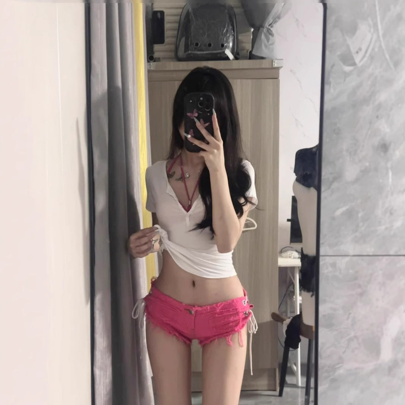 American Style Hot Girl Strap Low Waist Denim Shorts Women's Summer Slim Fit Side Strap Rapped Hot Pants