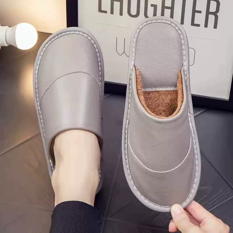 Кожаная лапша теплая хлопчатобумажная тапочки женская осенняя и зимняя воловья кожа для домашнего использования нескользящая водонепроницаемая пара комнатных плюшевых мужчин с толстым дном