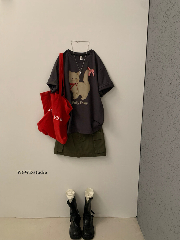 WGWE 夏の女性の韓国ファッションデザインリボン猫漫画プリントラウンドネック半袖 Tシャツ W6499|undefined