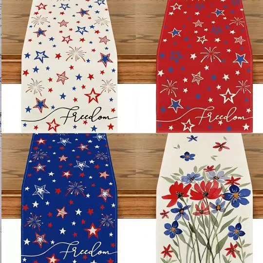 Transfronterizo 2024 nuevo día de la independencia de los Estados Unidos lino bandera de mesa bandera estrella y rayas tela de mesa de comedor cama de té tela de mesa