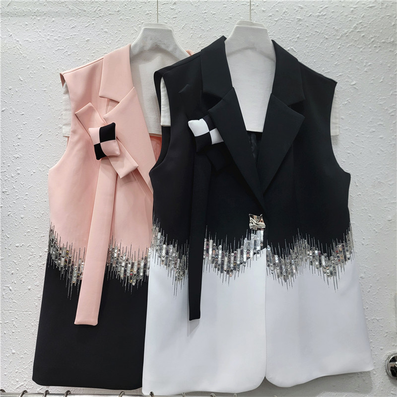 Diseño elegante traje de cuello sequinado bordilla suelta empalme de contraste de color clip de caballo para mujeres 2026 primavera y verano nuevo image 1