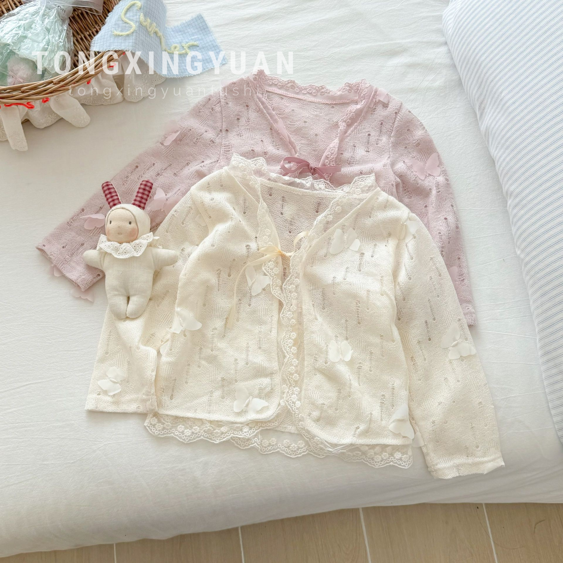 Tong Xingyuan, niño pequeño y mediano, niña coreana, verano, nuevo estilo, dulce y suave, lazo de punto, eslinga, ropa de protección solar