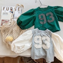 2025春女童长袖卫衣韩系数字贴布立体刺绣拼接泡泡袖娃娃衫T恤衫