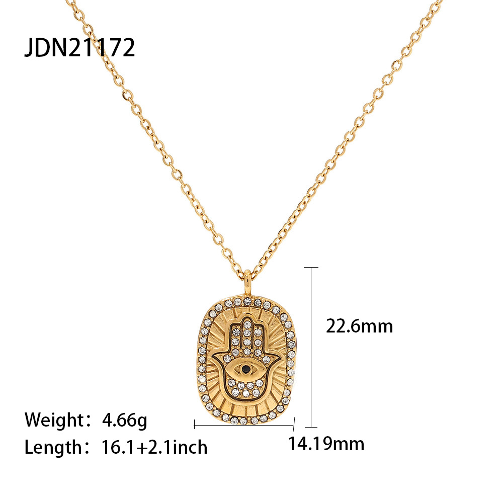 Retro Geometric Hand Of Fatima Stainless Steel Plating Zircon Pendant Necklace_colorza_4
