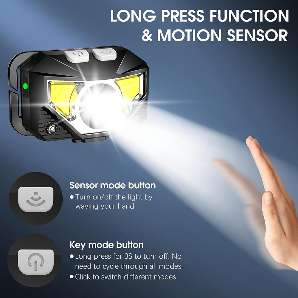 USB charging warning Red LED strong light sensing headlight COB outdoor night fishing waterproof headlight_voghion.com