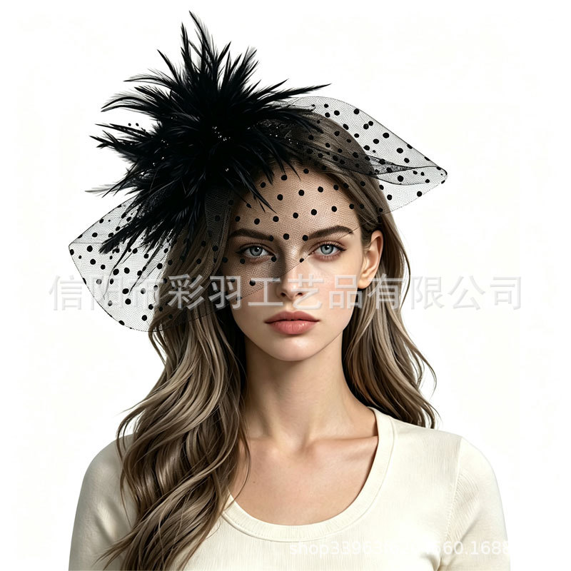 Bride's Vintage Polka Dot Mesh Hat, Luxurious Feather Veil Headpiece, Party and Horse Racing Accessory Wholesale