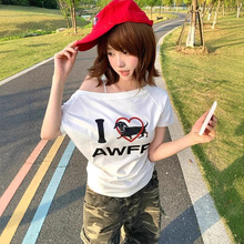 露肩印花半袖体恤上衣服斜肩棉t早春圆领纯棉短袖T恤衫女落肩夏季