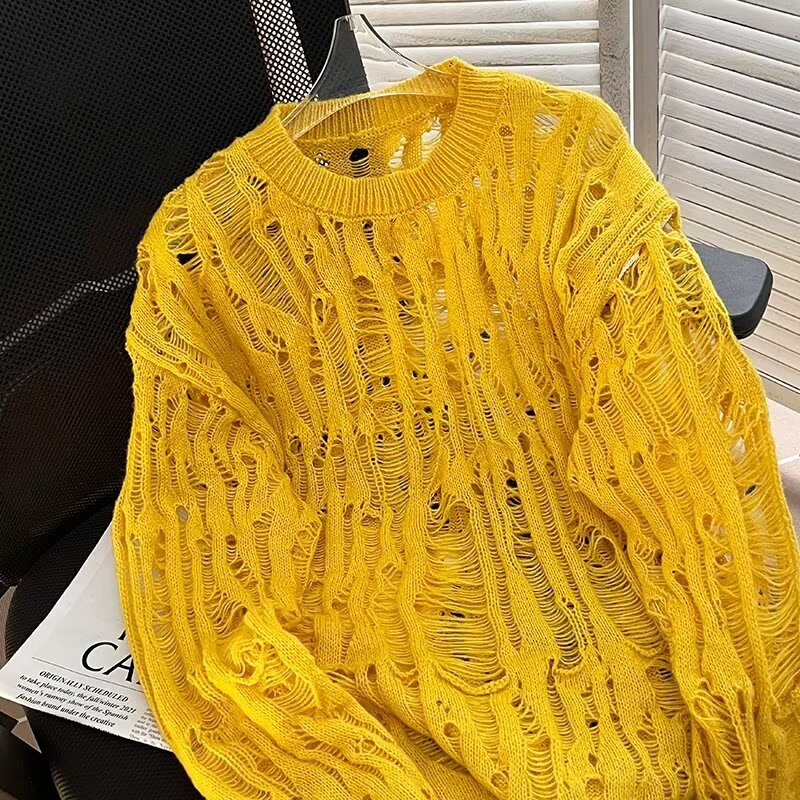 Übergroßer, lässiger Strickpullover für Herren mit einzigartigem Cut-Out-Design. Lockere Passform, lange Ärmel, bequemer Pullover für den Alltag (mehrere Farben)_voghion.com