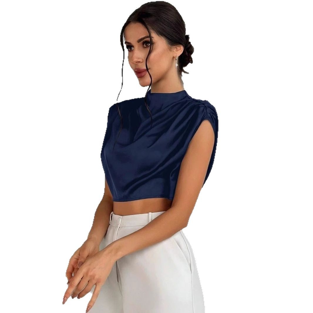 Damenbekleidung: Kurzes, plissiertes Satin-Imitat-Hemd für Frühling und Sommer – geeignet für formelle und legere Anlässe._voghion.com
