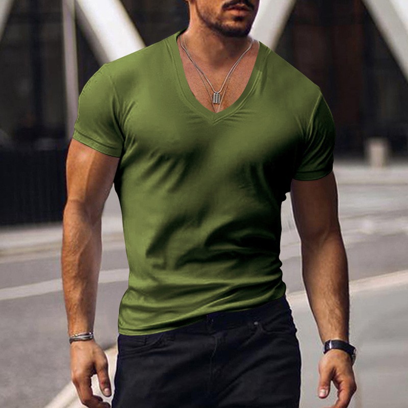 Men's Slim Fit V-neck T-shirt Solid Colour Casual Summer Style_voghion.com