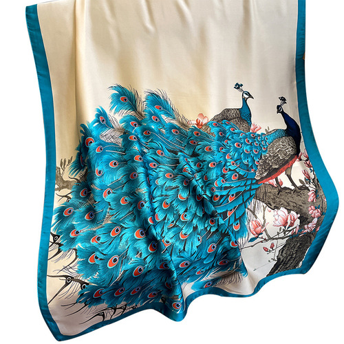 Chinese style retro ethnic peacock with open tail, fashionable imitation silk long scarf and air-conditioning shawl as a gift for mother and daughter