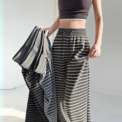 チェック柄アイスシルクストライプパンツ女性のための 2025 春夏新ハイウエスト巾着ルーズワイドレッグストレートパンツニットカジュアルパンツ