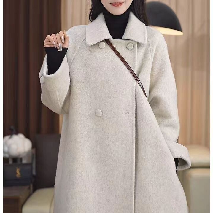 High-end Korean-style doll collar mid-length double-sided wool coat for women, loose fit, autumn and winter, elegant and versatile, thin woolen coat High-end Korean-style doll collar mid-length double-sided wool coat for women, loose fit, autumn and winter, elegant and versatile, thin woolen coat