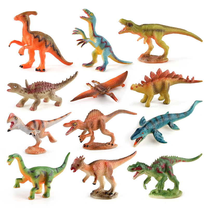 Serie de mini dinosaurios simulados de Amazon: Triceratops, Estegosaurio, Velociraptor, Pterodáctilo, Therizinosaurus, conjunto de modelos estáticos.