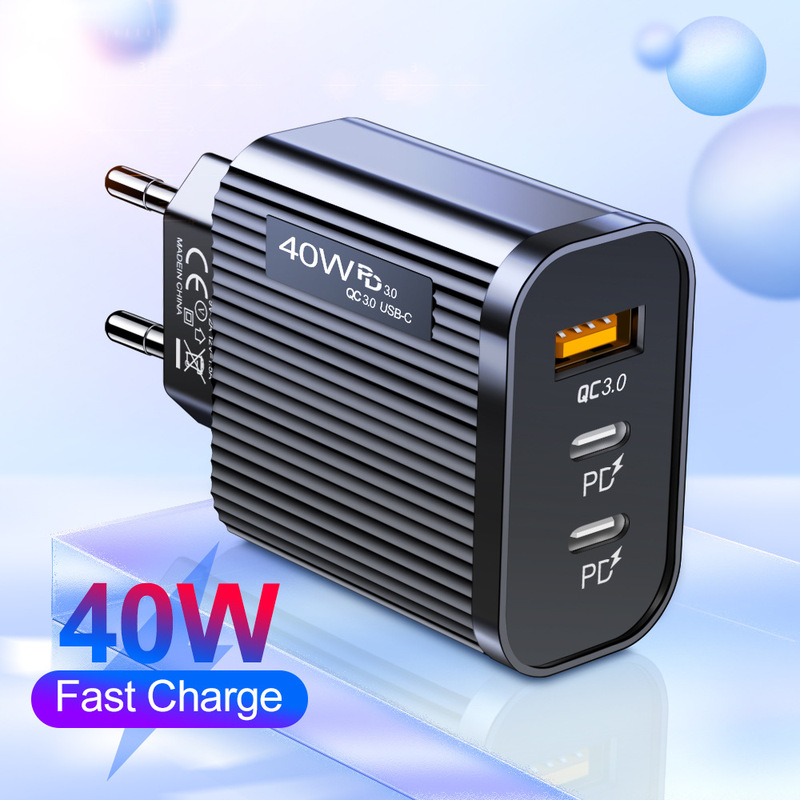 Striped USB + 2PD Type-c mobile phone charger multi-port US and European travel charging head Wholesale
