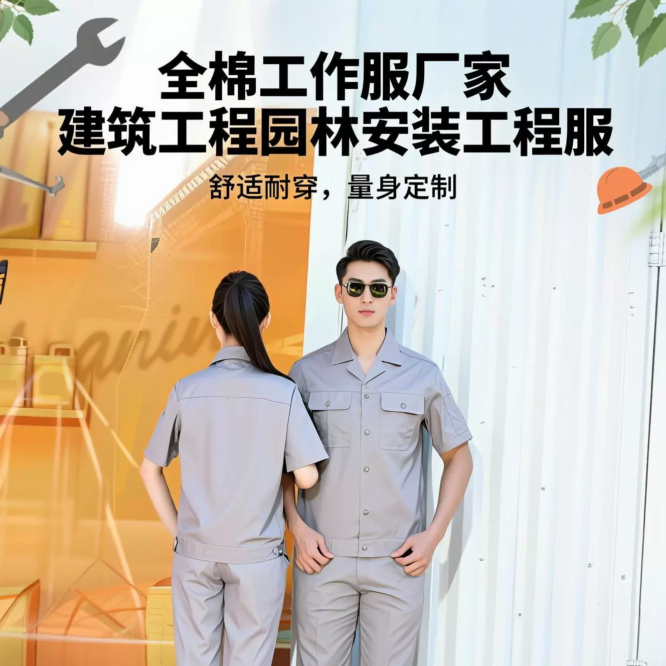 源头工作服厂服定制纯棉透气短袖套装绣logo建筑工程安装工程服弯