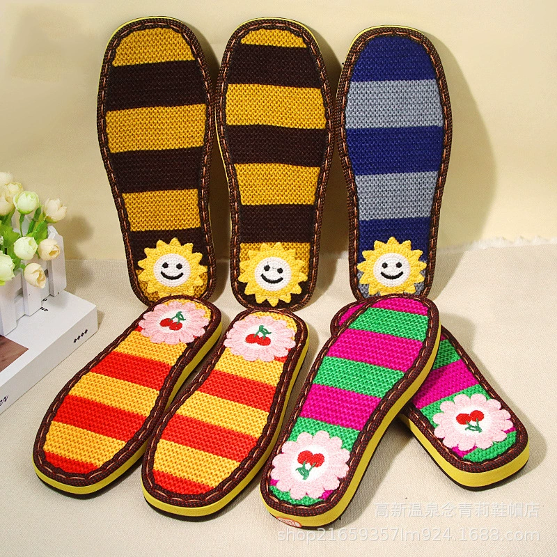 Подошва ручной работы с цветными полосками иглы с крючком для обуви вышитые линии льда молочные хлопчатобумажные тапочки нескользящие и износостойкие резиновые подошвы