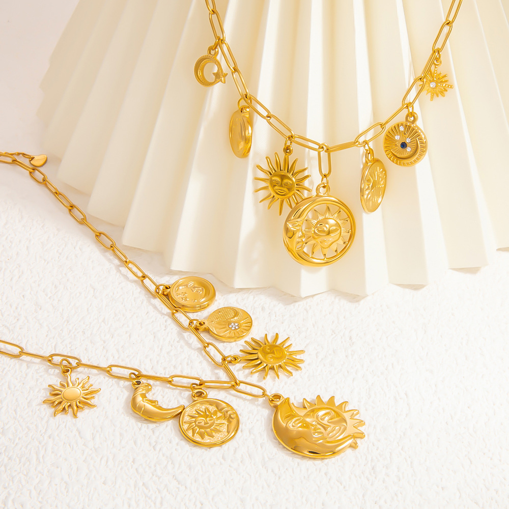 Sun, Moon, Heart Shape Pattern PVD Coated Real Gold Plated 18K Gold Sun Moon Heart Shape Titanium Steel Elegant Waterproof Non Tarnish Titanium Steel Pendant Necklace