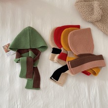 韩版儿童帽子围巾一体帽日系男女童拼色针织帽宝宝凹造型围脖套帽