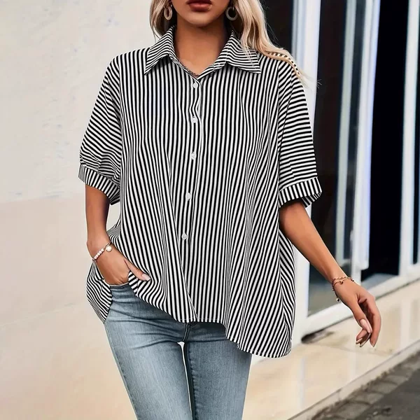 In-Stock Amazon Cross-Border European and American New Women's Fashion Striped Shirt Summer Fashion Loose Five-Quarter Sleeve Shirt